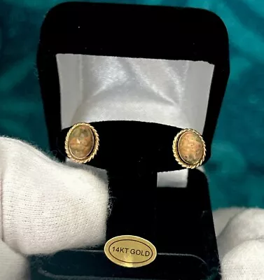 Vtg.14K Solid Yellow Gold Irish Connemara Marble Scarab Stud Earrings 1.94 G • $120