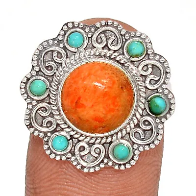 Handwork - Composite Coral & Blue Mohave Turquoise 925 Silver Ring S.8 CR21771 • $20.99