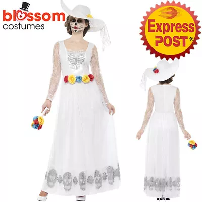 CA428 White Ladies Day Of The Dead Skeleton Bride Halloween Fancy Dress Costume • $51.23