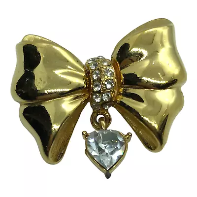 Vintage MONET Rhinestone Bow With Dangle Heart Pin Brooch Coquette Retro Glam • $13.97