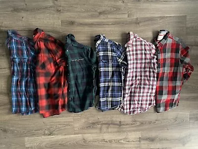 Lot Of 6 - Mens Large Button Down Flannel Shirts American Eagle Red Blue Country • $34.95