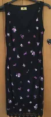 Maria GRACHVOGEL Size 10 Fabulous BlackV Neck S/Les Dress Ribbon & Bead Flowers • £11.50