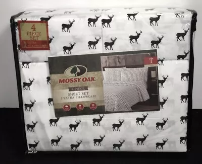 MOSSY OAK 4 PC DEER DESIGN Black & White TWIN SHEET SET  1 EX PILLOWCASES NEW • $36.96