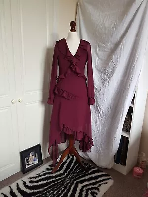 Miss Selfridge Burgundy Dress Maxi Red Ruffle Frill Long V Neck Mesh Size 4 • £11.99