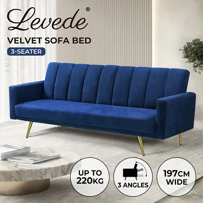 Levede Sofa Bed Convertible Velvet Lounge Recliner Couch Sleeper 3 Seater Blue • $379.99
