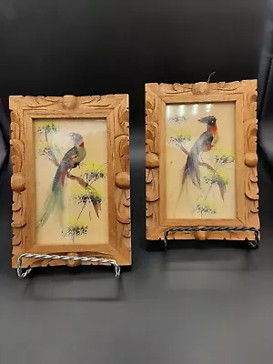 Pair Of Vintage Mexican Folk Art Feathercraft Bird Pictures Hand Carved Frames • $24