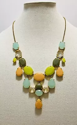 EUC J Crew Opaque Faceted Green Peach Gray Dangle Statement Necklace 21” Gold • $19.99