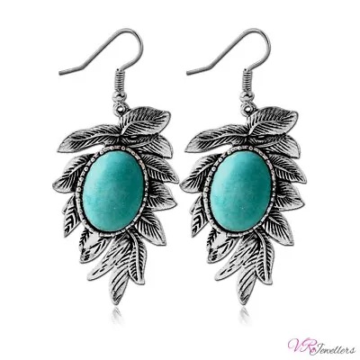 Turquoise Earrings Tree Leaf Drop Dangle Womens Ladies Surgical Steel Earrings • £5.65