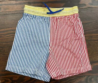 Boys Mini Boden Red Blue Yellow Seersucker Bathing Suit Swim Trunks 5-6 Years • $9.99