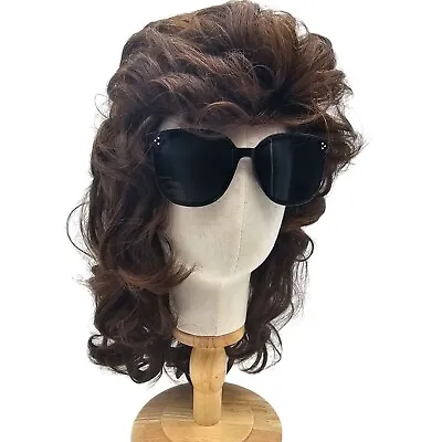 80s Mullet Rocker Redneck Wig Costume Halloween Cosplay Curly Brunette Brown NEW • $14.99