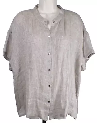 EILEEN FISHER Organic Linen Gauze Natural Mandarin Collar Short Slv Top L $168 • $58