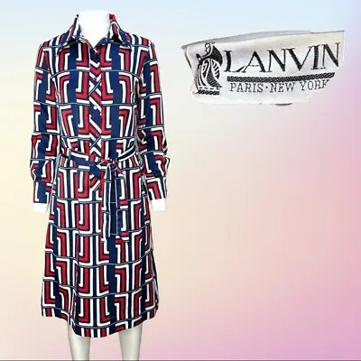 VINTAGE 70's LANVIN Paris Red White & Blue Long Sleeve Shirt Dress Sz 10 W/Belt • $300