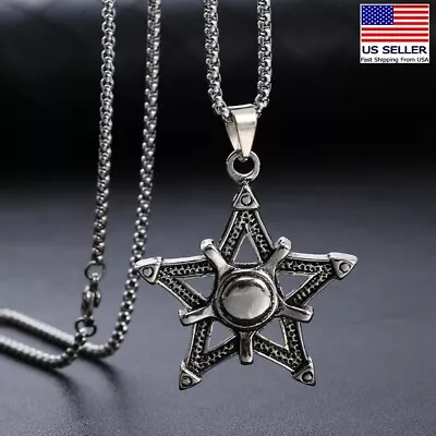 Men Stainless Steel Retro Simple Hollow Pentagram Star Pendant Necklace 0318 • $5.99