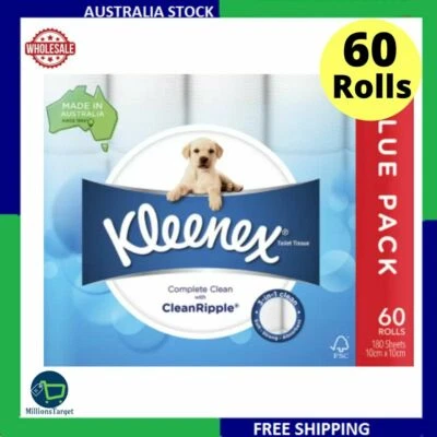 $47.99 • Buy 60 X Kleenex Toilet Paper Tissue Rolls 3-Ply 180 Sheets -Soft & Thick White Roll