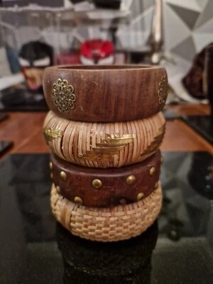 £5 • Buy Vintage Chunky Wooden Bangle Lot Of 4 - Wicker/Brass-embellished Hippie Boho