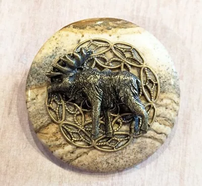 Circular Polished Stone Brooch Pin With Moose • $12.95