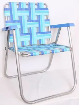 Rio Vtg Blue Striped Woven Aluminum Foldable Outdoor Patio Deck Lawn Chair  • $39.97
