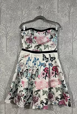 Spotlight By Warehouse Floral & Butterfly Print Bandeau Mini Dress (Size UK 12) • £14.99