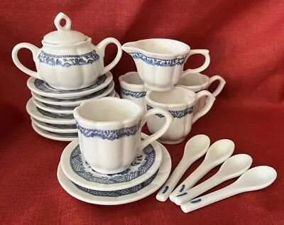 Blue Willow Child's Miniature Tea Set Cups Saucers Sugar Creamer Spoons 18 Pcs • $45