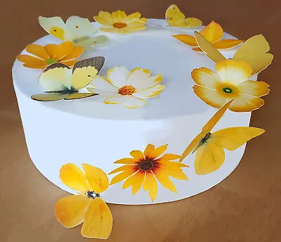 *pre-cut Beautiful Yellow Butterfly & Flower Edible Wafer Cake Topper Decoration • £4.19