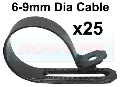 BLACK NYLON ADJUSTABLE P CLIPS FOR 6mm - 9mm DIA CABLE 25 PACK DURITE 0-002-92 • £12.95