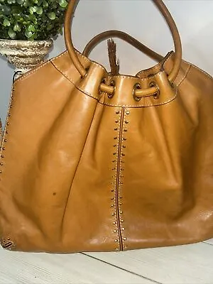 Vintage Michael Kors Astor Large Leather Studded Ring Purse Hobo Bag Cognac Tan • $45