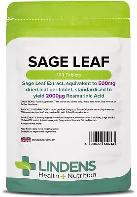 Sage Leaf 500mg - 100 Tablets - [Lindens 0243] • £6.98