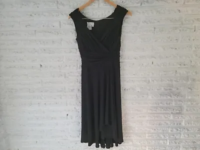 Maggy L Womens Dress 8 Sheath Sleeveless Flowy Gathered Waist Faux Wrap Black • $24.99