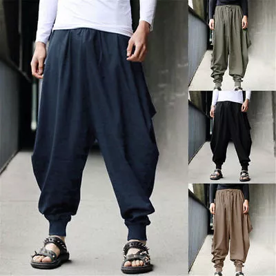 Men's Japanese Casual Loose Harem Trousers Baggy Hippy Hakama Pants Streets • $20.20