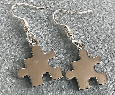 High Shine Puzzle Piece Autism Awareness Charm Earrings On Silver Plated Wires • $3.62