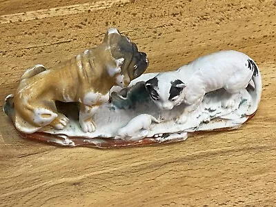 Vintage Bisque Cat & Bull Dog Chasing Mouse Figurine 7  Signed / Numbered 25 • $22.95