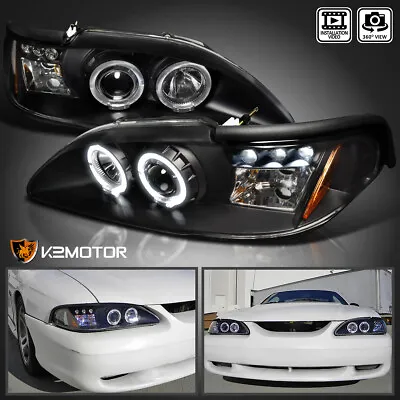 Black Fits 1994-1998 Ford Mustang Cobra LED Halo Projector Headlights Left+Right • $128.38