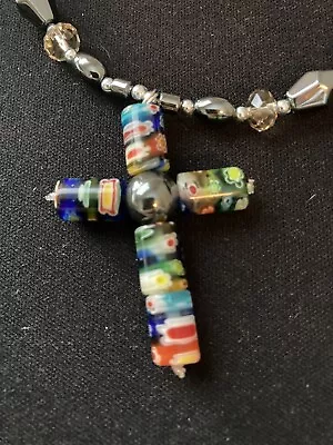 Hematite Necklace With Murano Glass Cross Colored Beads Barrel Clasp 18  Long • $10