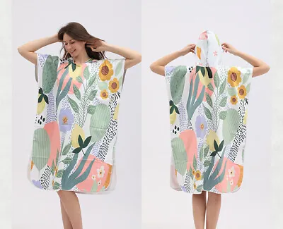 Hooded Beach Towel Poncho Surf Swim Changing Robe Tropical Plant Flamingo Gift • £23.99