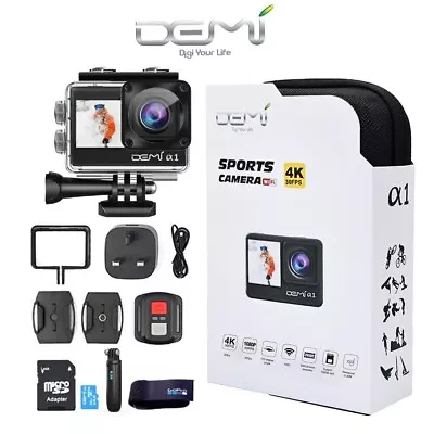 New DEMi α1 Action Camera 4K Waterproof Dual Screen Compatible GoPro Accessories • £49