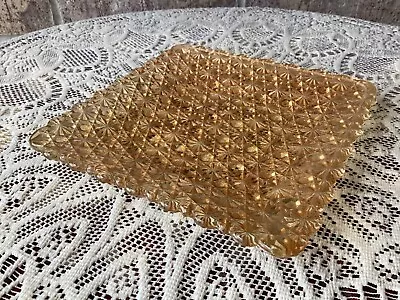 VINTAGE Square Dish Trinket Amber Glass Plate  Daisy Button Pattern  7  X 7  • $15.99