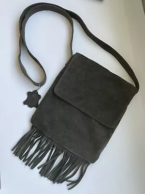 Arizona Jeans Company Vintage Suede Leather Boho Fringe Crossbody Bag. Green • $25