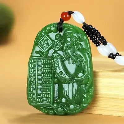 Jade God Of Wealth Pendant Gifts Necklace Man Natural Green Men Jewelry • £9.60