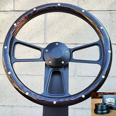 14  Black Billet Steering Wheel Wood Aluminum Rivets 1974-94 C10 Pickup+ Adapter • $199.43