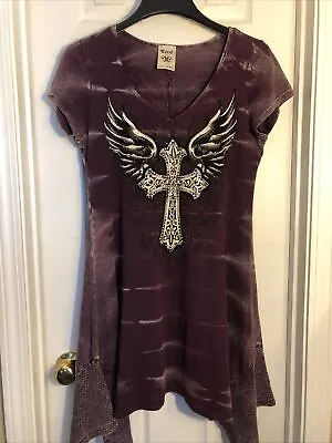 Vocal Purple Tie Dye Rhinestone Winged Cross Shark Bite T-shirt Tunic Dress Sz S • $20