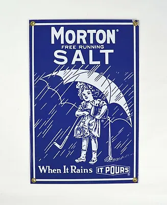 1980's MORTON SALT Porcelain Enamel Sign By Ande Rooney * 8 In. X 12 In. U.S.A. • $25