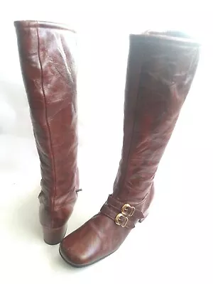 VTG HUSH PUPPIES Buckle Straps Knee High Boots Brown Marbled Leather SZ 7.5 N • $96