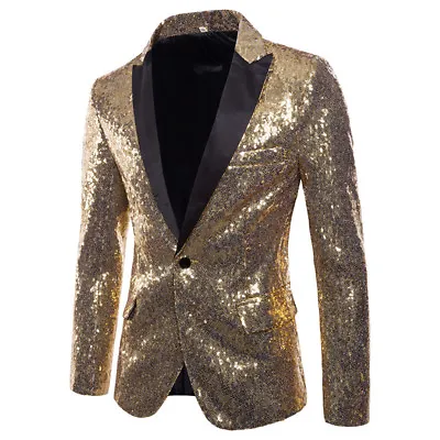 Men's Bling Sequins Tuxedo Suit One Button Party Coat Blazer Gentleman Jacket • £28.39