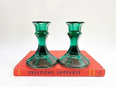 Two Vintage Forest Green Glass Candle Holders Centerpiece Candlestick Lighting • $35