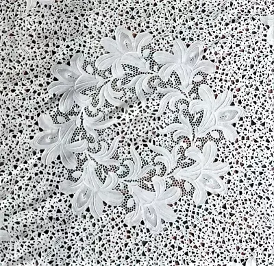 Vintage 126cm Wide Round White Cotton Chemical Lace Tablecloth- Lily Design • $70