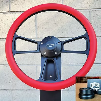 14  Black Billet Steering Wheel Red Vinyl 1974-94 C10 Chevy Pickup Horn+Adapter • $191.49