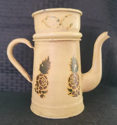Vintage Drip Coffee Pot Yellow With Designs Enamel 7” Tall Well Used • $9.95