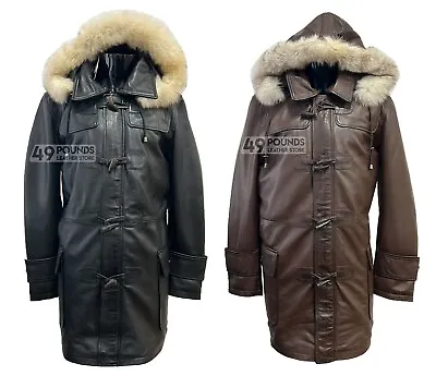Men's Genuine Leather Duffle Coat Parka Fur Hooded Classic Long Coat • £59