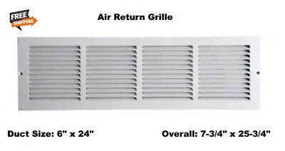 Air Return Grille 6  X 24 Duct Size AC Heat Vent Cover Steel Wall Ceiling White  • $17.98