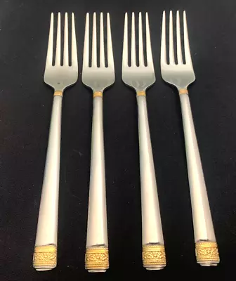 GORHAM Stainless FESTIVE HOLLY Set Of 4 SALAD FORKS 7 1/4  Gold Accent Flatware • $14.99